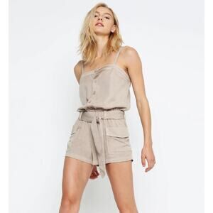 Pam & Gela Square Neck Romper Sz L Stone Khaki Beige Tencel Sash‎ Belt Playsuit